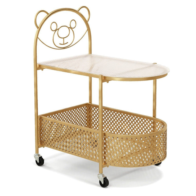 Glazen bijzettafel met wielen 2-laags glazen tafel met berenmotief 60 x 40 x 76 cm Goudkleurig