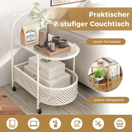 Glass side table with wheels 2-tier glass table with bear pattern 60 x 40 x 76 cm white