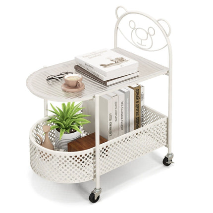 Glass side table with wheels 2-tier glass table with bear pattern 60 x 40 x 76 cm white