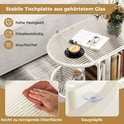 Glass side table with wheels 2-tier glass table with bear pattern 60 x 40 x 76 cm white