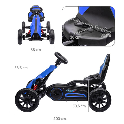 Children's pedal go-kart with adjustable seat and handbrake