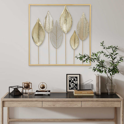 Gold Metal Wall Art with Leaf Design – 70x70 cm