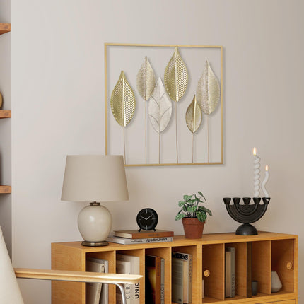Gold Metal Wall Art with Leaf Design – 70x70 cm