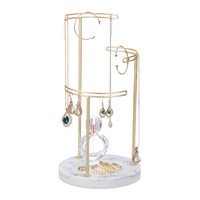 Gold colored jewelry stand with marble base