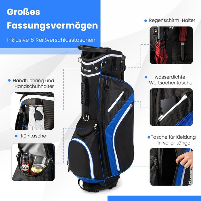 Torba golfowa z 14-stopniową przegrodą, 6 kieszeniami, pokrowiec przeciwdeszczowy, niebieska