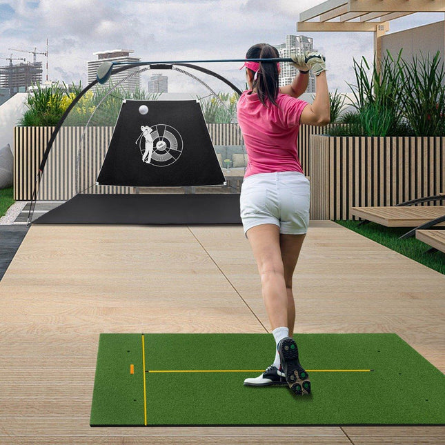 Golfslagmat met 2 rubberen tees, 2 alignment sticks en 6 tee-posities, 152 x 92 cm, dikte 32 mm