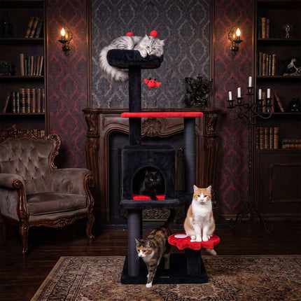 Gothic Cat Tree 144cm with Scratching Posts, Black & Red