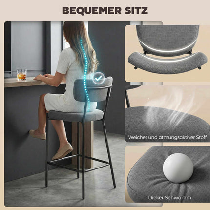 Gray Bar Stools Set of 2, Curved Back, Metal Frame