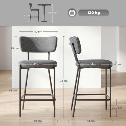 Gray Bar Stools Set of 2, Curved Back, Metal Frame