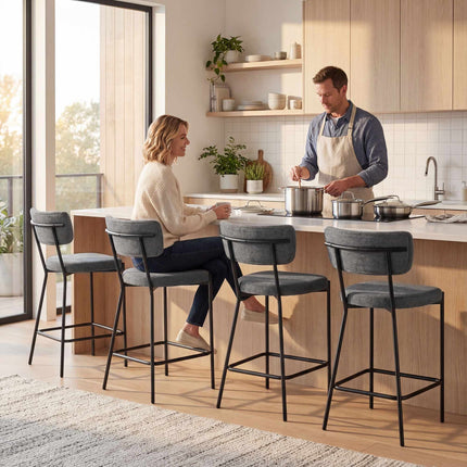 Gray Bar Stools Set of 2, Curved Back, Metal Frame