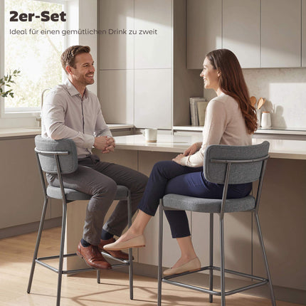 Gray Bar Stools Set of 2, Curved Back, Metal Frame