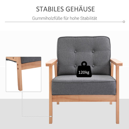 Gray Linen Armchair with Wooden Frame, 120kg Capacity