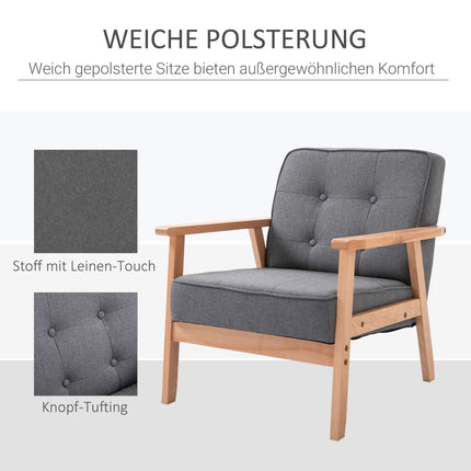 Gray Linen Armchair with Wooden Frame, 120kg Capacity