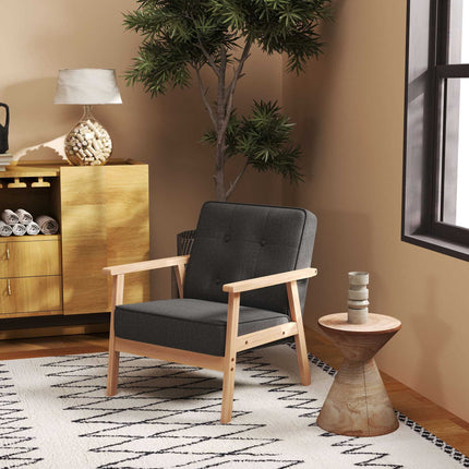 Gray Linen Armchair with Wooden Frame, 120kg Capacity