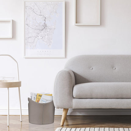 Gray wooden basket in imitation leather