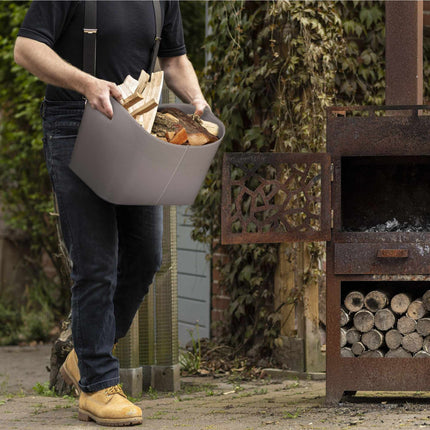 Gray wooden basket in imitation leather
