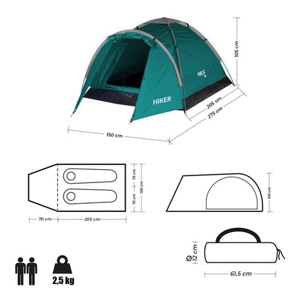 Green Camping Tent for Hikers, 2-Person Capacity