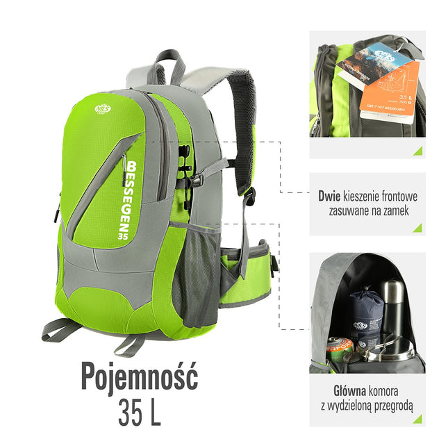 Groene wandelrugzak, 35L inhoud, lichtgewicht