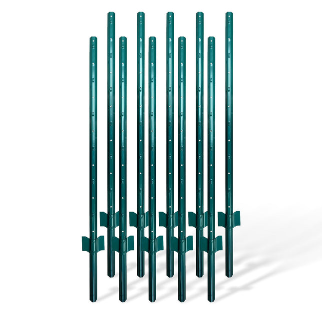 Green Steel Fence Posts with Ground Anchors, 120 cm, Set of 10