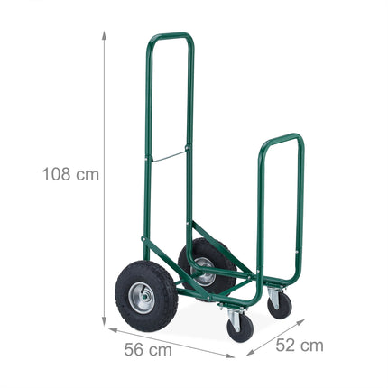 Green firewood cart with pneumatic tires