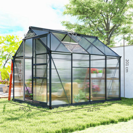 Greenhouse 190x252x201 cm, Polycarbonate, Sliding Door, Roof Vent