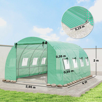Greenhouse 4x3x2m with PE Cover, Roll-Up Doors & Mesh Windows