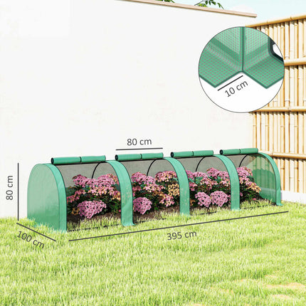Greenhouse Tunnel, 4 Zipper Windows, Steel Frame, 395x100x80 cm
