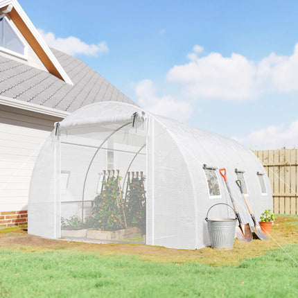 Greenhouse with PE Cover, Mesh Door, Support Rods, White