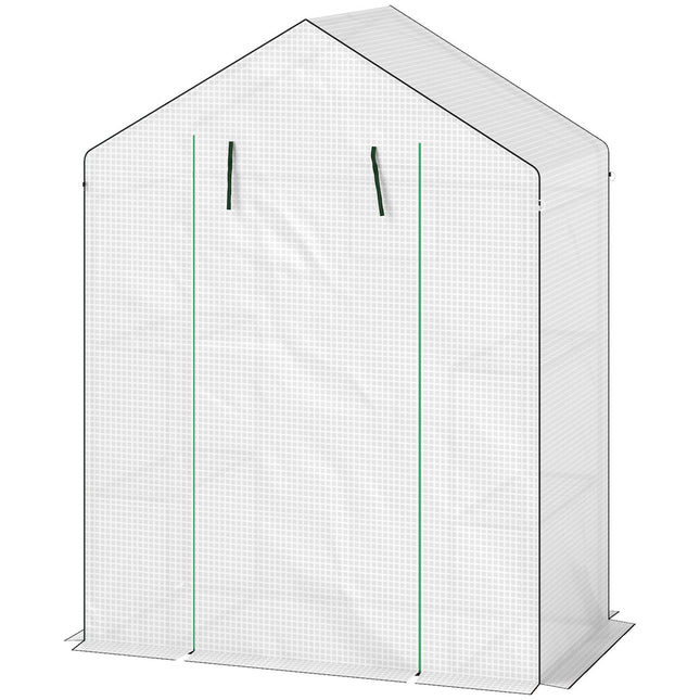 Greenhouse with rolling door and shelves for gardening