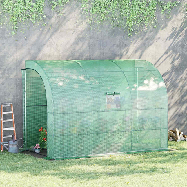 Wall-mounted steel greenhouse with shelves and windows