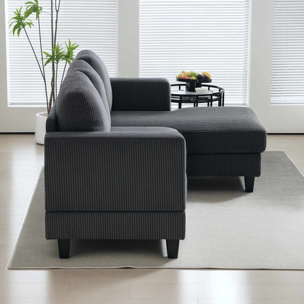 Grey L-Shaped 3-Seater Sofa with Chaise, Cord Fabric