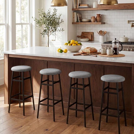Grey Linen Bar Stools Set of 2 with Metal Frame