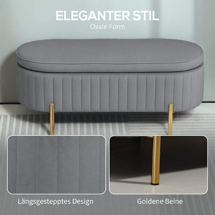 Grey Velvet Storage Bench with Gold Legs, 72L Capacity