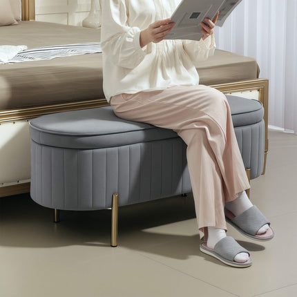 Grey Velvet Storage Bench with Gold Legs, 72L Capacity