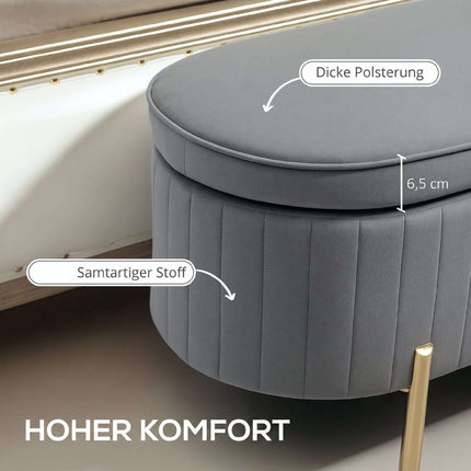 Grey Velvet Storage Bench with Gold Legs, 72L Capacity