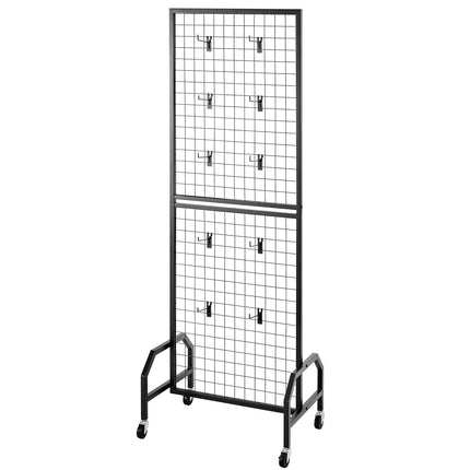 Grid Wall Panel Display Rack, 600 x 1640 mm, Wheels, 10 Hooks