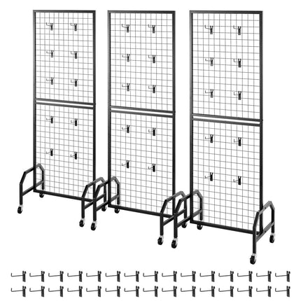 Grid Wall Panels Set, 3-Pack, Wheels, 30 Hooks, Black