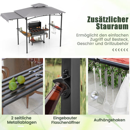Grill Pavilion with Side Awning, Double Roof, Metal Shelves