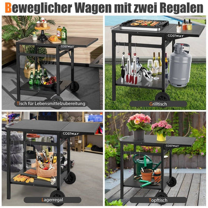 Grill cart with folding table top & 2 shelves & 4 hooks Movable camping table