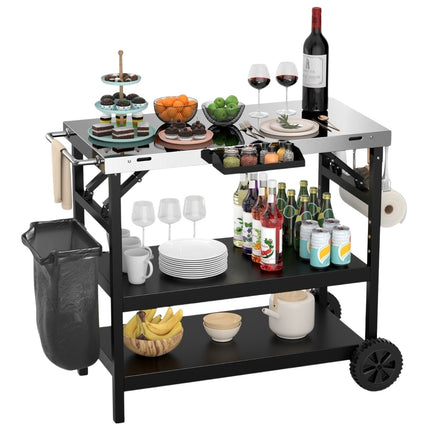 Grill table with 3 shelves & mobile phone stand & spice rack & towel holder serving cart