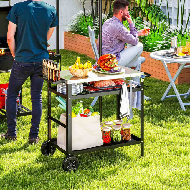 Adjustable 3-tier outdoor barbecue cart with wheels