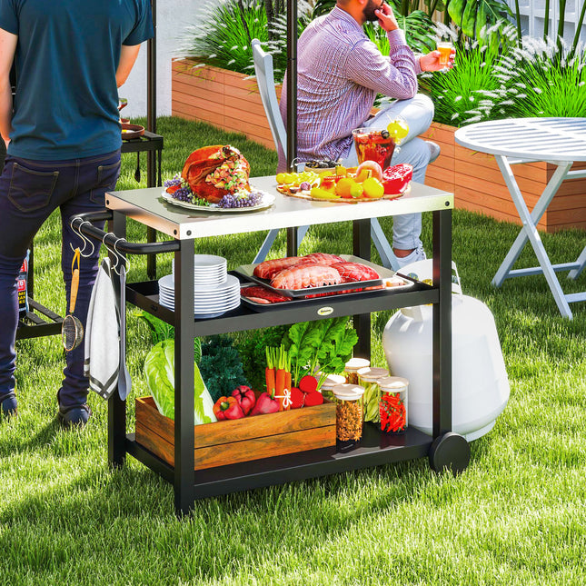 Charcoal grill cart - 3-tier, stainless steel, 102x50x81 cm