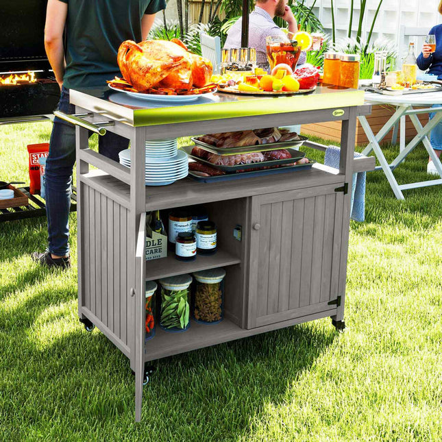 3-tier outdoor barbecue cart with towel rack - wood, gray