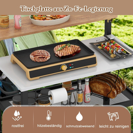 Grill trolley with folding table & hooks & towel holder & garbage bag holder grill table