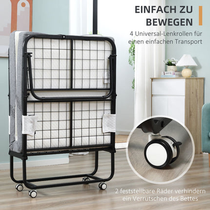 Folding guest bed with wheels, steel frame, 200x75x42.5cm