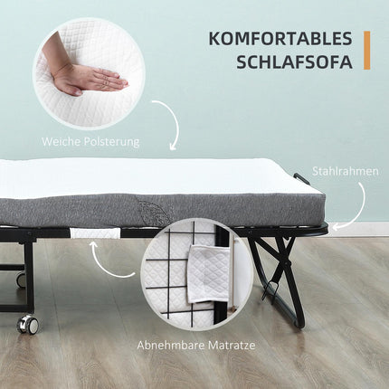 Folding guest bed with wheels, steel frame, 200x75x42.5cm