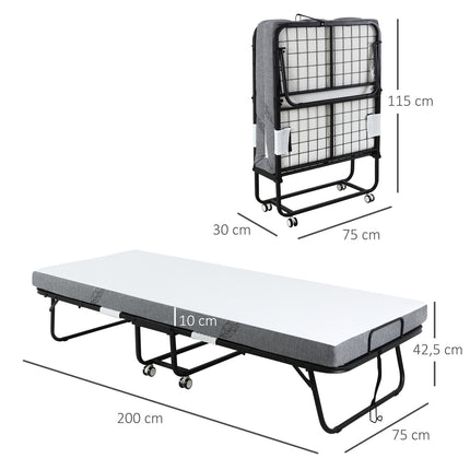 Folding guest bed with wheels, steel frame, 200x75x42.5cm