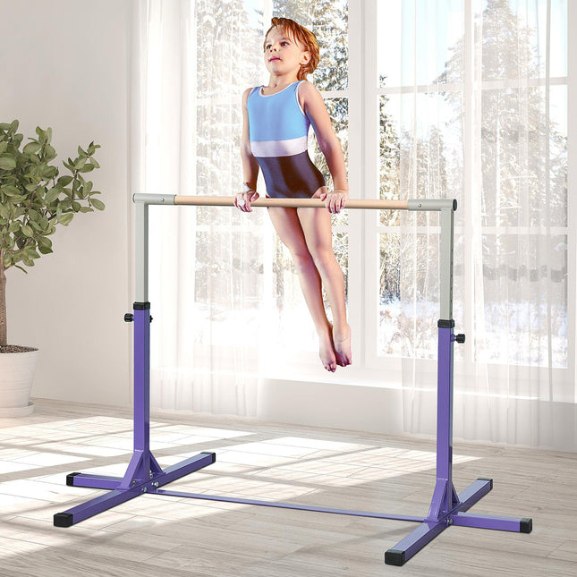 Gymnastiek-turnstang, 13-traps in hoogte verstelbare rekstok, hoge stang-turnstang van hout en stabiele stalen constructie, draagvermogen tot 75 kg, voor 3+ kinderen, binnen, buiten, paars Aosoom
