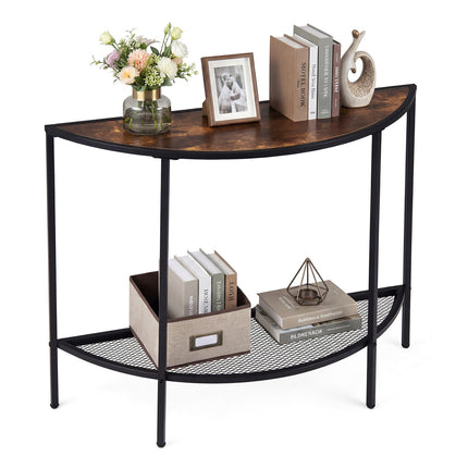 Half Moon Console Table, 2-Tier Storage, Rustic Brown