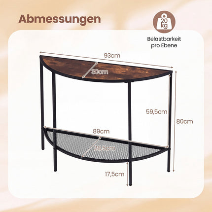 Half Moon Console Table, 2-Tier Storage, Rustic Brown